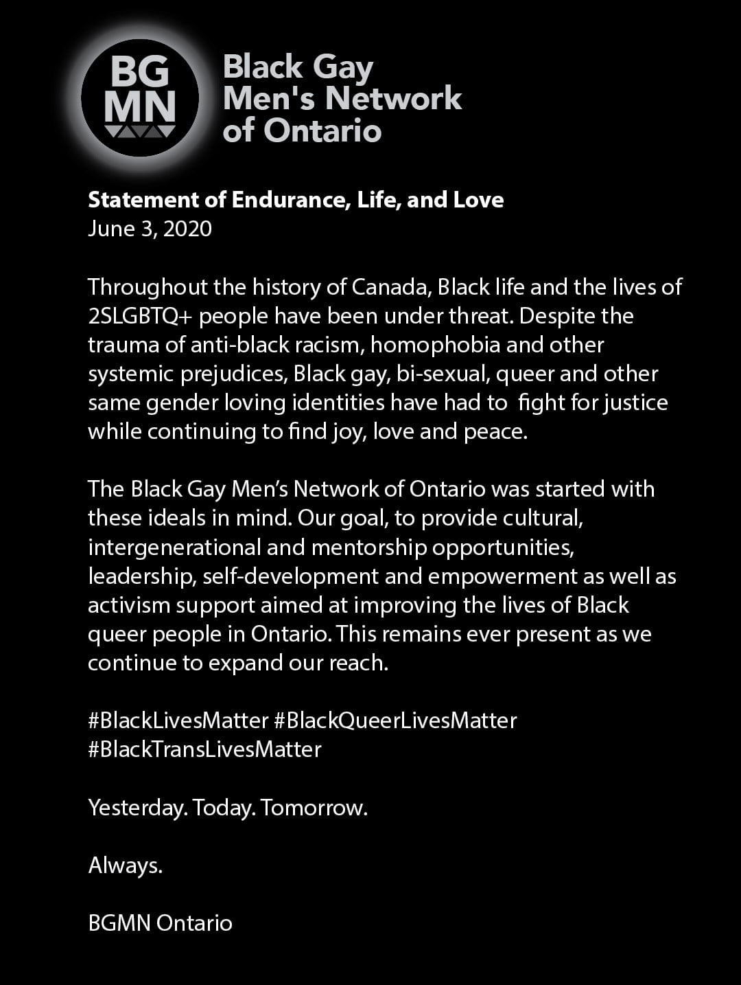 Statement of Endurance, Life, and Love. Black Gay Men's Network of